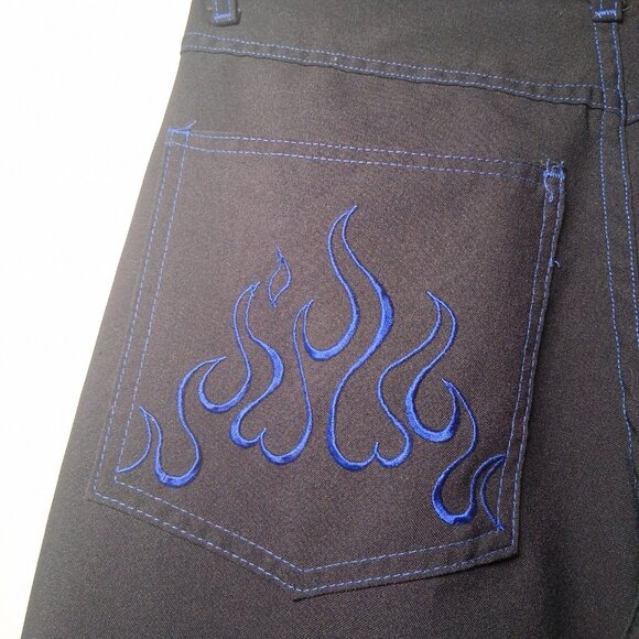 Johnny Suede Pants Men Size 30 Black Blue Stitching Flames Rockabilly Moto - Picture 10 of 15